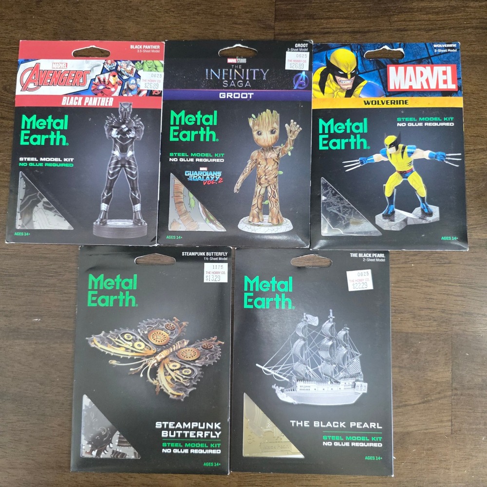 Metal Earth Steel Model Kit Bundle Steampunk Black Pearl Panther Groot Wolverine